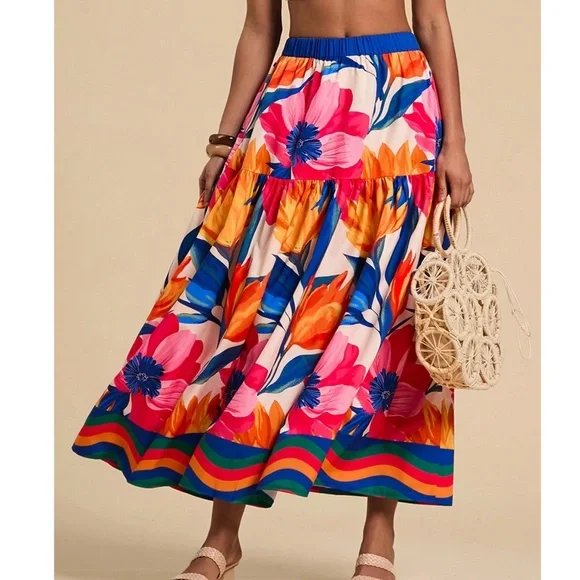 Boho Floral Tropcial Print Stretchy Waist Maxi Skirt